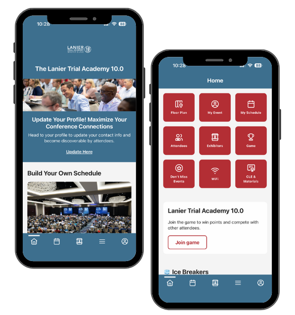 Two smartphones displayed side by side against a dark background, each showing different screens of the Lanier Trial Academy 10.0 app—one with event updates and schedule-building content, and the other with a home dashboard featuring red menu icons for planning, networking, and conference features.