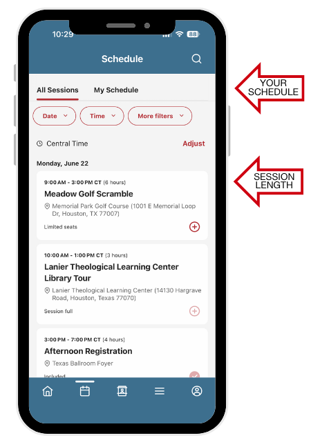A smartphone displaying a conference schedule screen for the Lanier Trial Academy app, with session listings, dates, times, and locations. Callout arrows highlight features such as “View All Sessions,” “Filter by Track,” and “Add Session.”