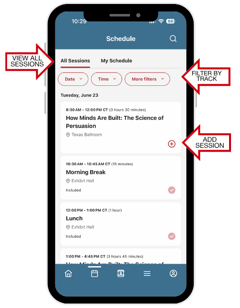 A smartphone displaying a conference schedule screen for the Lanier Trial Academy app, with session listings, dates, times, and locations. Callout arrows highlight features such as “View All Sessions,” “Filter by Track,” and “Add Session.”